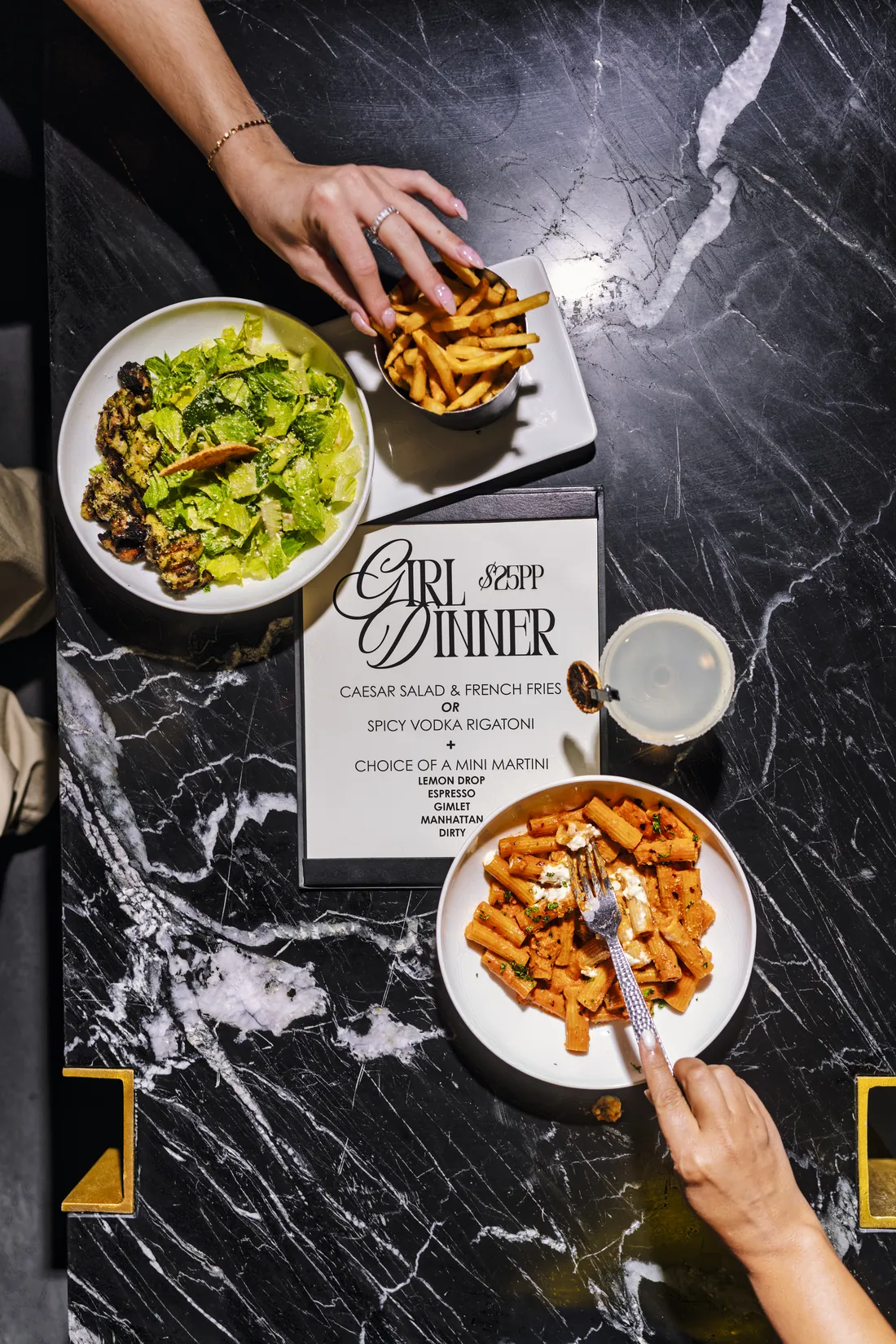 Girl dinner menu spread from above