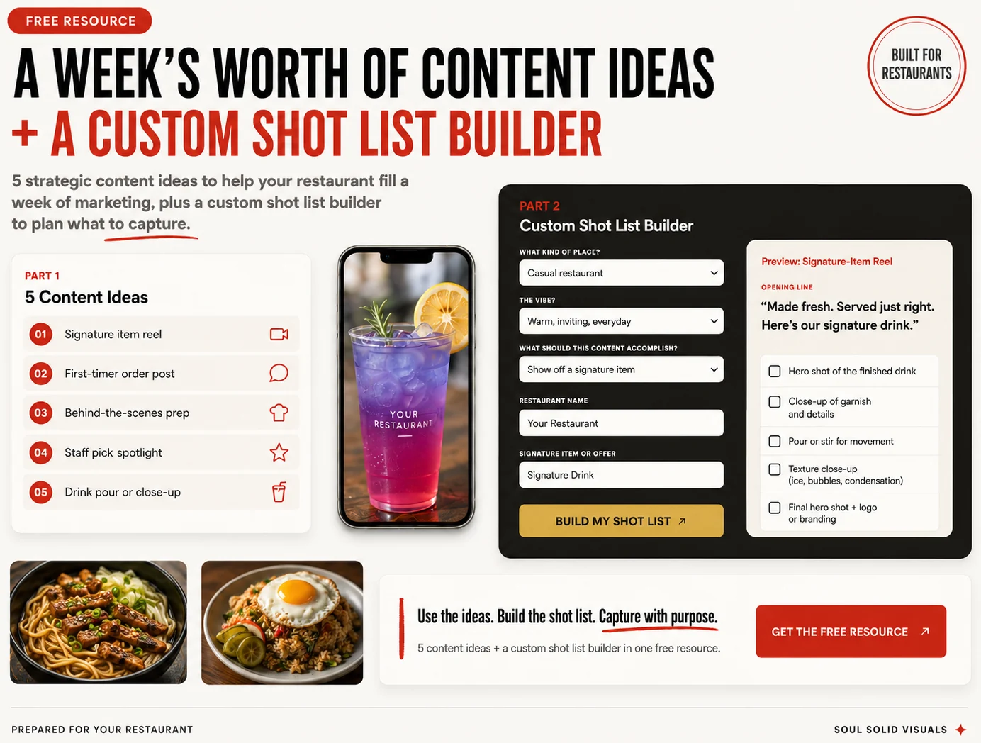 Preview of the free resource: a week's worth of content ideas plus a custom shot-list builder