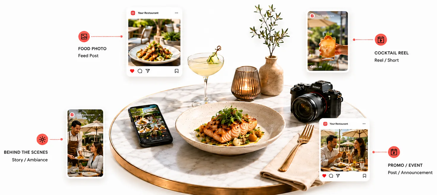One restaurant table turned into a food photo feed post, a cocktail reel, a behind-the-scenes story and a promo post